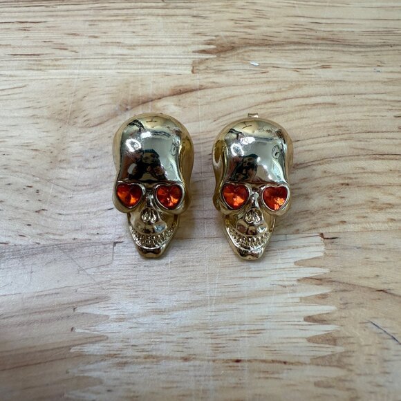 Gold Skull Earrings With Orange Heart-Shaped Eyes For Pierced Halloween & Fall - Picture 4 of 8